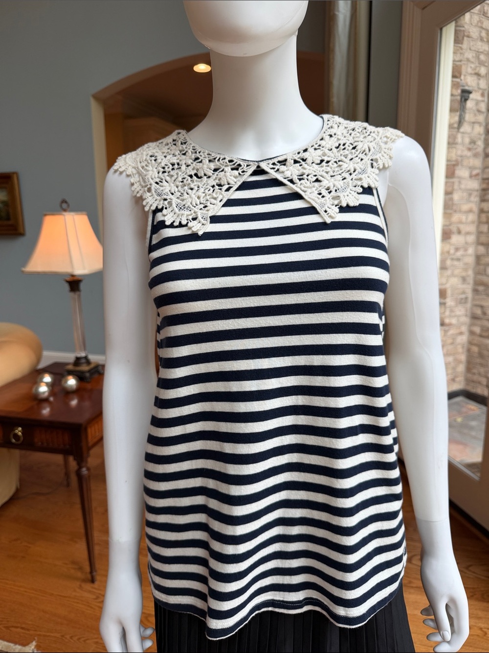 Navy and White Striped Tank with Crochet Lace Collar
